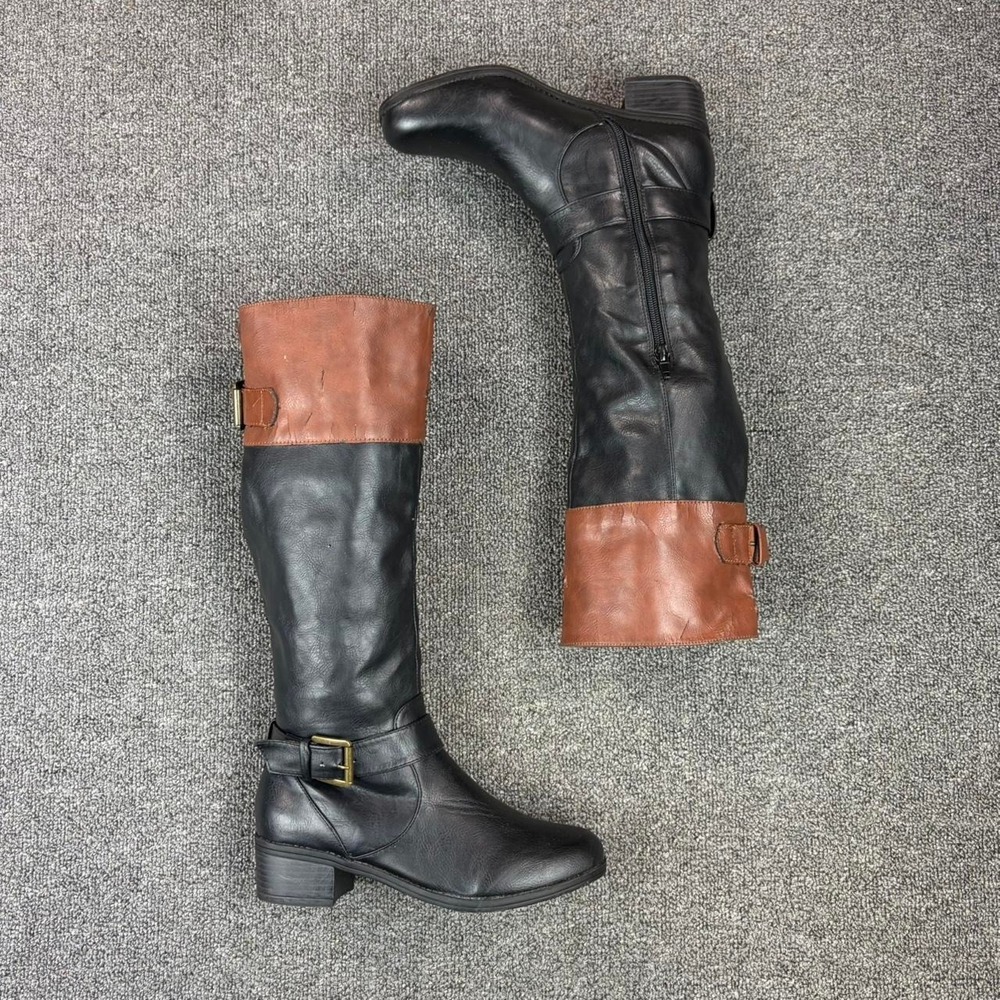 Women's Rampage Black Knee High Harness Buckle Strap Side Zip Tall Boots Size 6